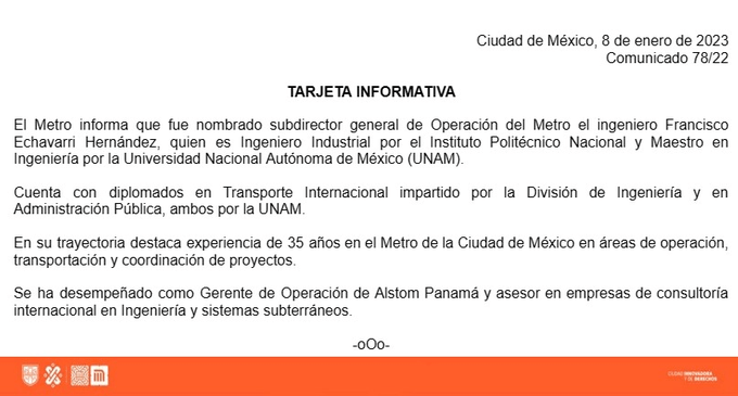 Francisco Echavarri será el nuevo jefe de Operaciones del Metro CDMX