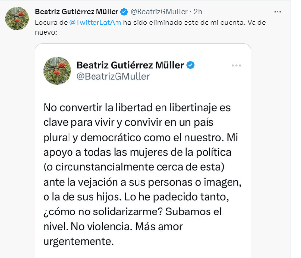 Beatriz Gutiérrez Müller acusa a Twitter de eliminar mensaje