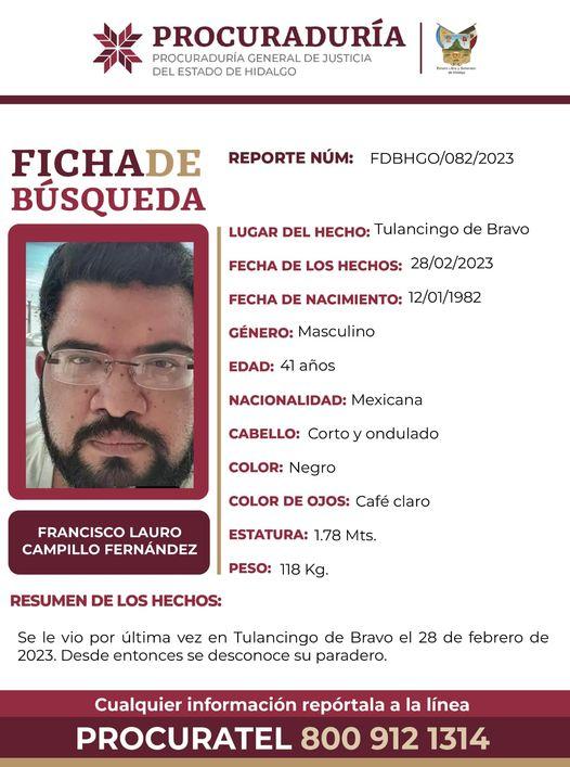 En Tulancingo, reportaron sobre la desaparición de hombre de 41 años En Tulancingo, reportaron sobre la desaparición de hombre de 41 años