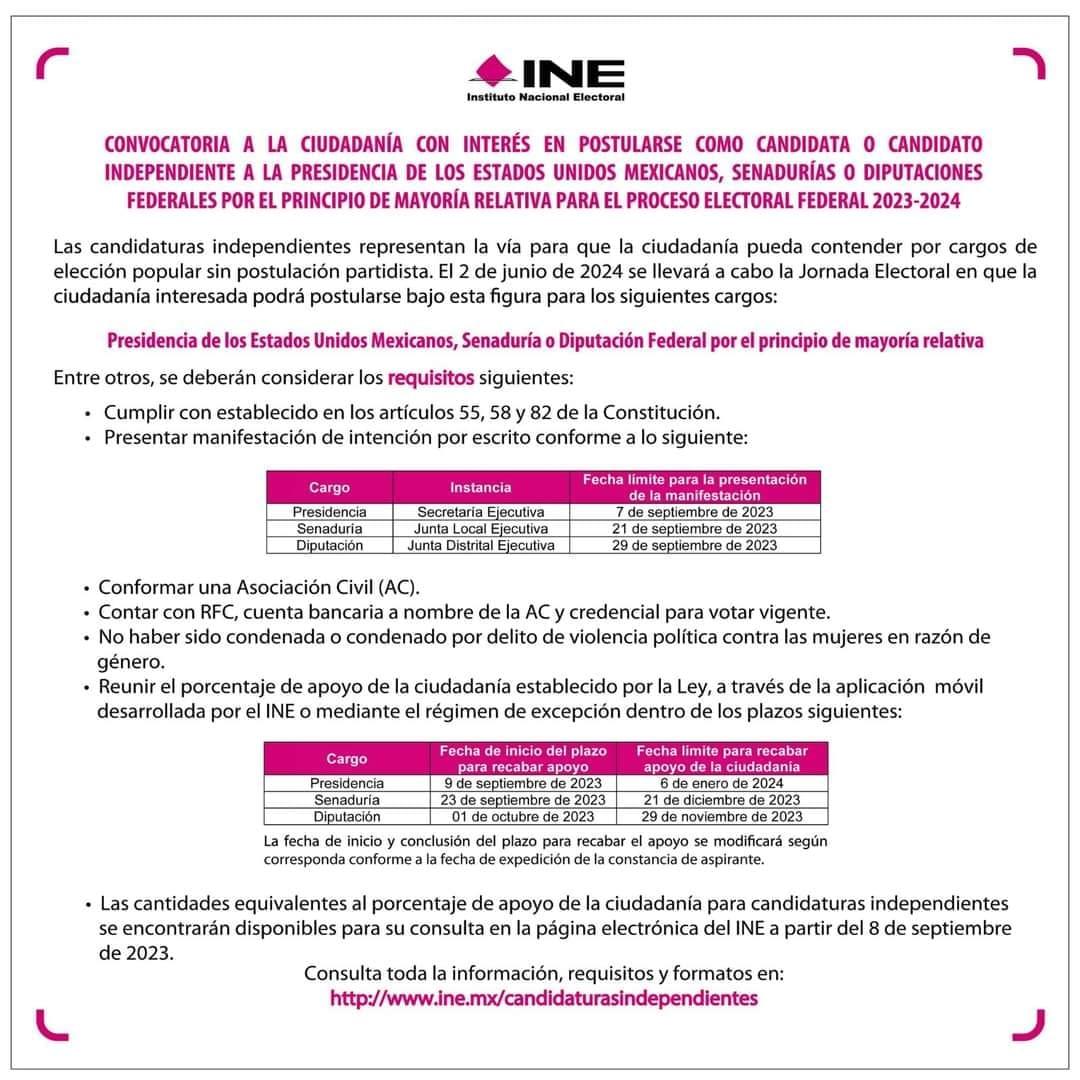 INE emite convocatoria para candidatos independientes