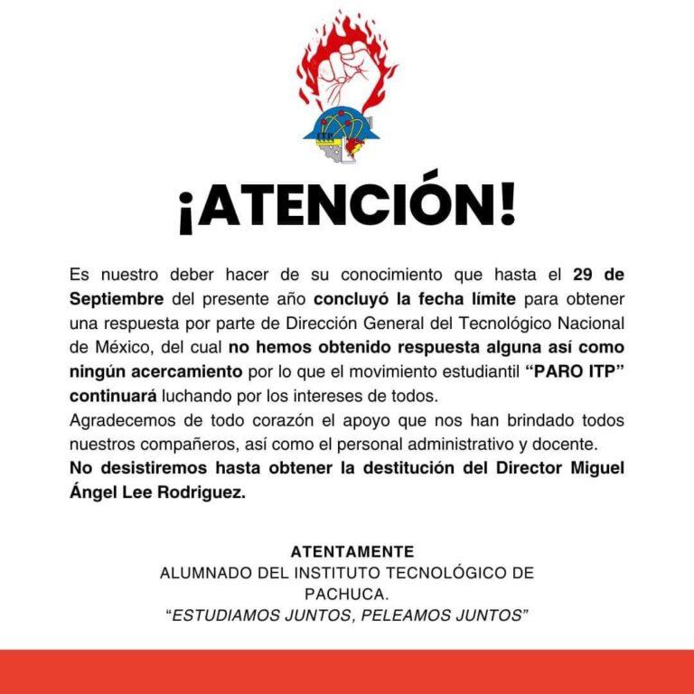 ITP PACHUCA; Continuará con el paro “luchando por los intereses de todos” ITP PACHUCA; Continuará con el paro “luchando por los intereses de todos”