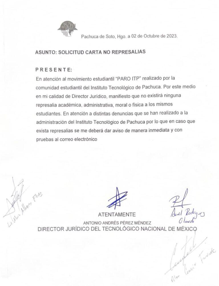Reciben estudiantes carta de no represalias Reciben estudiantes carta de no represalias