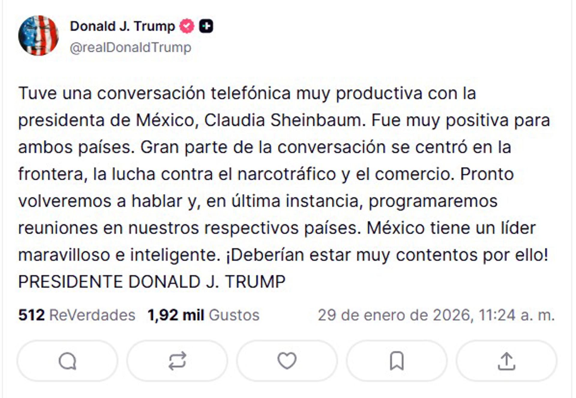 Trump tiene con Sheinbaum llamada