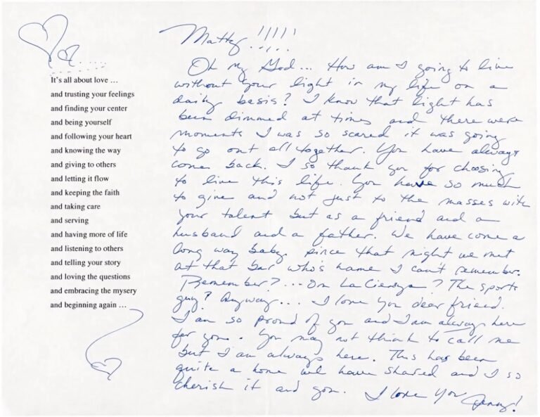 Subastan una carta que le escribió Jeniffer Aniston a Matthew Perry