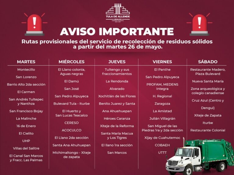 Tula de Allende anuncia rutas provisionales de recolección de basura