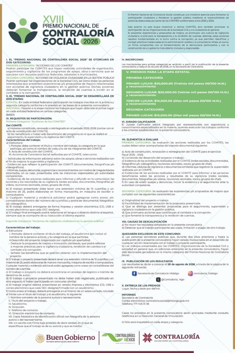 Convocan a participar en el Premio Nacional de Contraloría Social