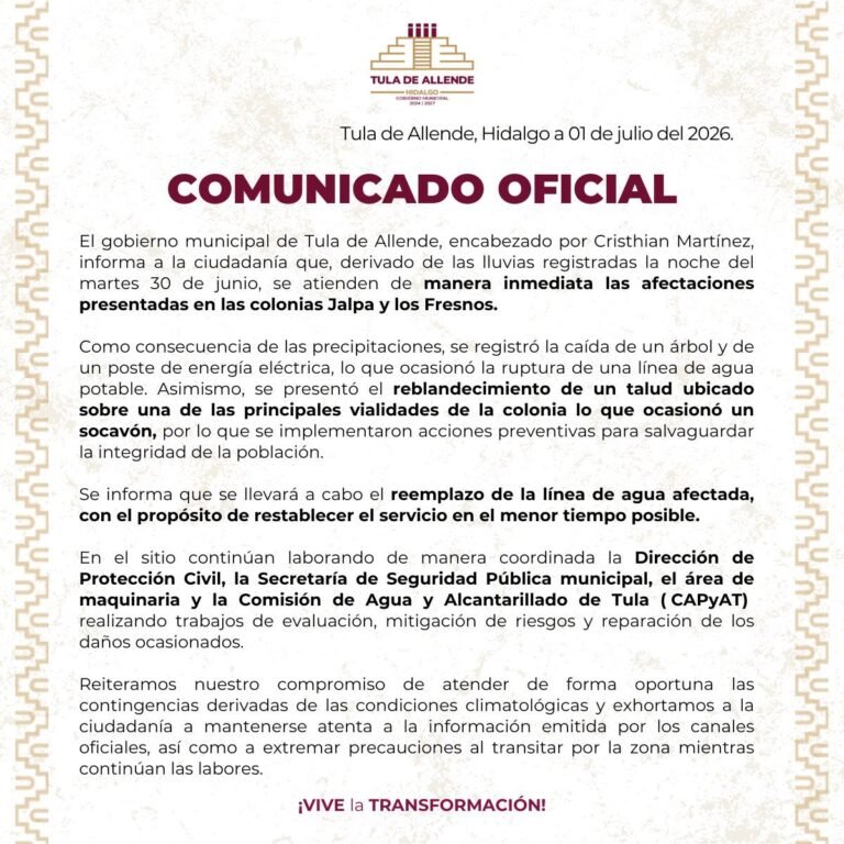 Comunicado Oficial: Afectaciones por Lluvias en Tula de Allende