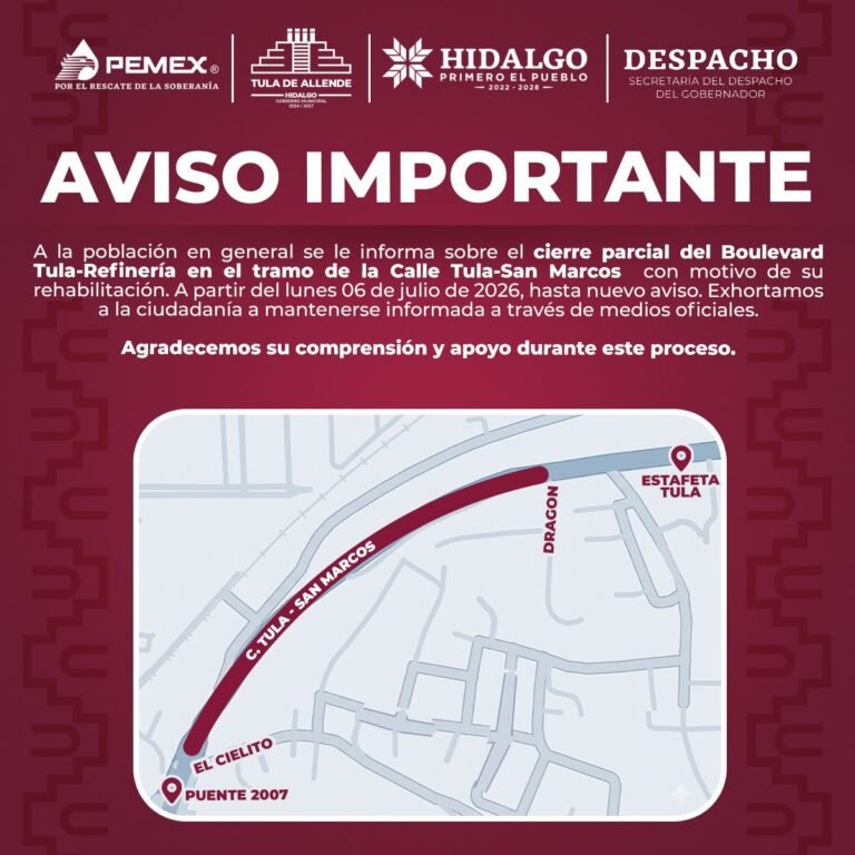 Anuncian cierre parcial del Boulevard Tula-Refinería por obras de rehabilitación