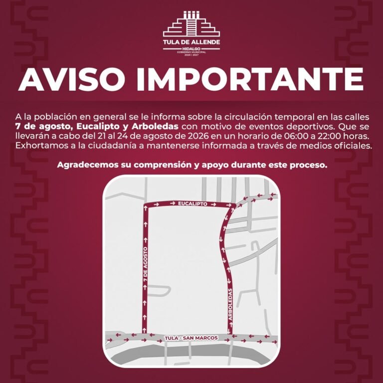 Anuncian ajustes viales temporales en Tula por eventos deportivos del 21 al 24 de agosto