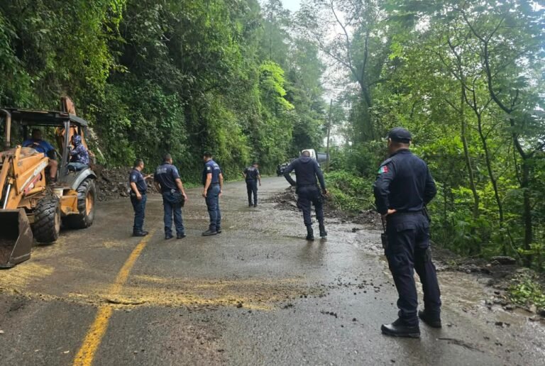 Tras deslaves, agentes de policía estatal liberan, carretera de Tlanchinol