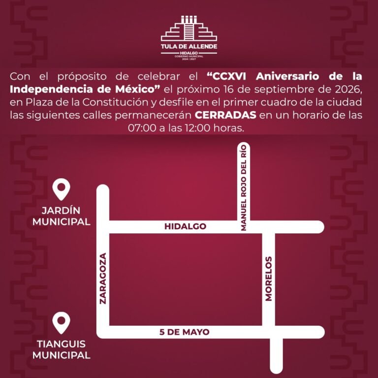 Anuncian cierres viales en Tula de Allende por desfile del 16 de septiembre