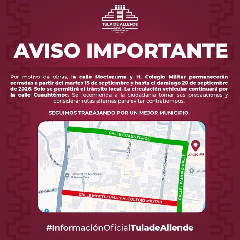 Anuncian cierres viales en Tula de Allende por obras de infraestructura