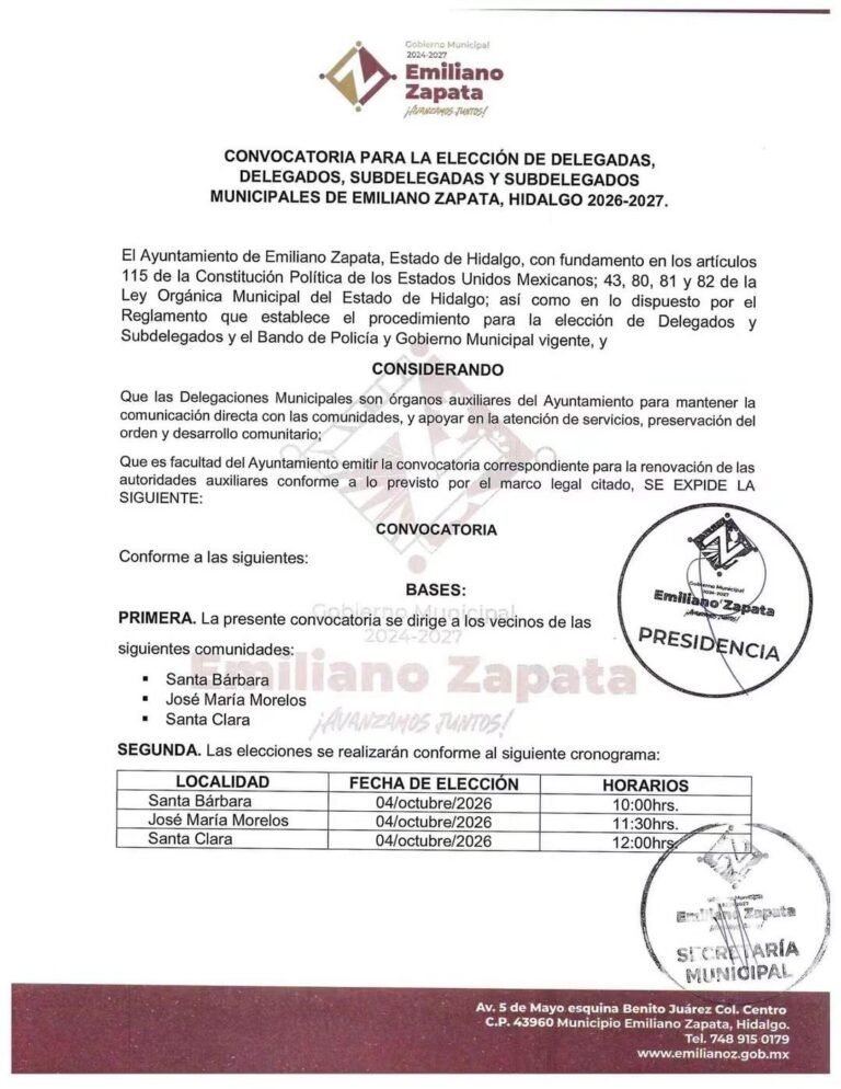 Abren convocatoria para elección de delegados en Emiliano Zapata