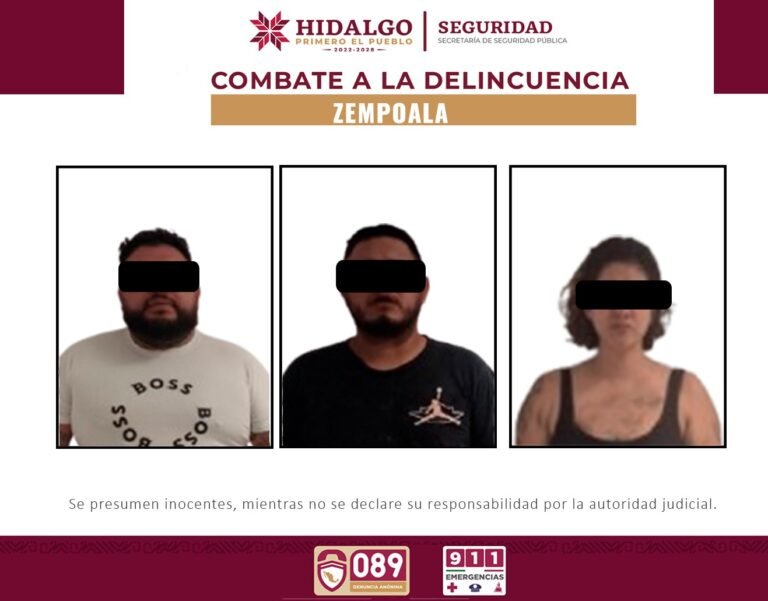 SSPH detiene a tres personas en Zempoala y asegura posibles sustancias ilícitas