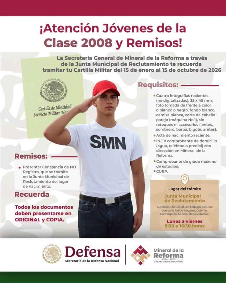 Llaman a jóvenes de Mineral de la Reforma a tramitar la Cartilla Militar antes del 15 de octubre