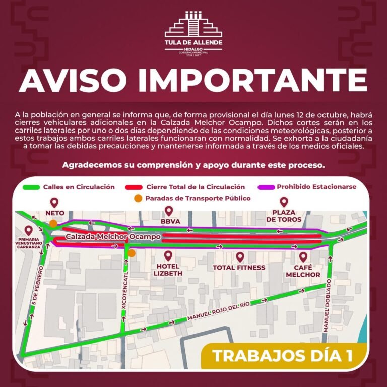 Anuncian cierres adicionales en la Calzada Melchor Ocampo por obras en Tula de Allende