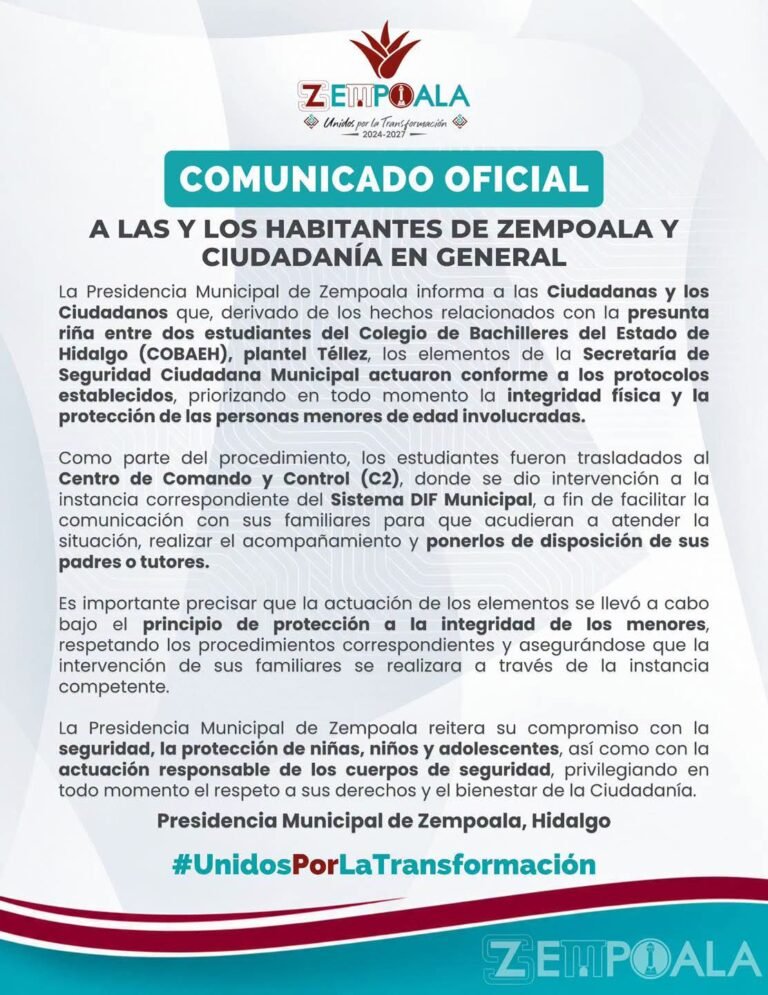 Alcaldía de Zempoala fija postura sobre actuación policial en riña de menores